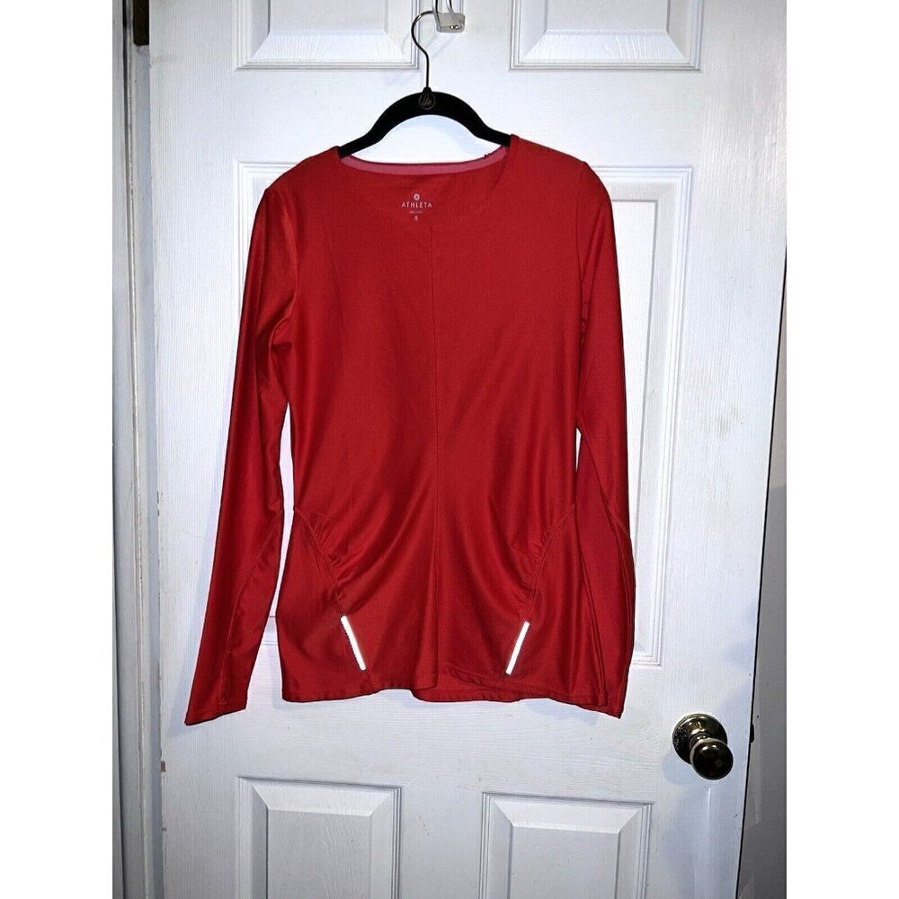 ATHLETA Red Long Sleeve Top Reflective Pullover Athletic Running Zipper Pocket S - Picture 2 of 10